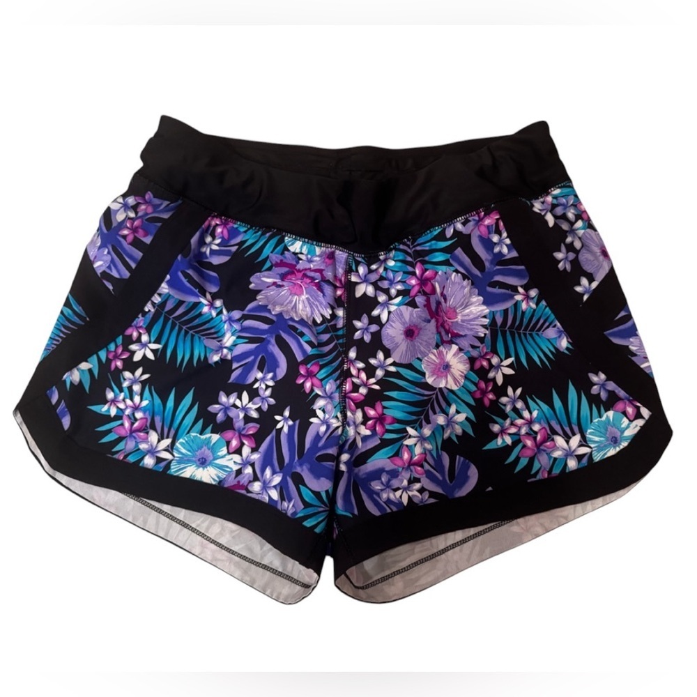 Lands’ End Black Purple Blue Floral Tropical Swim Shirt Built In Briefs Sz 8